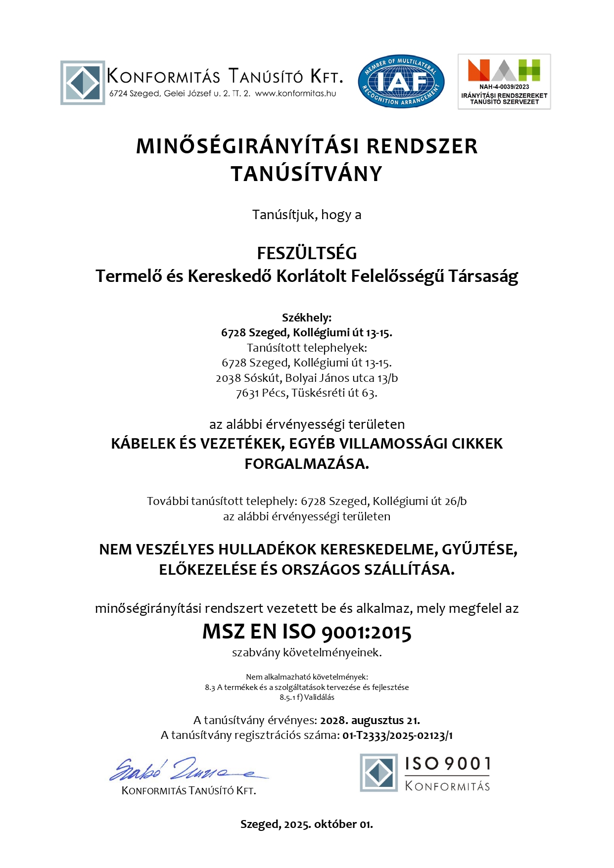 Feszültség minőségirányítási rendszer tanúsítvány magyar